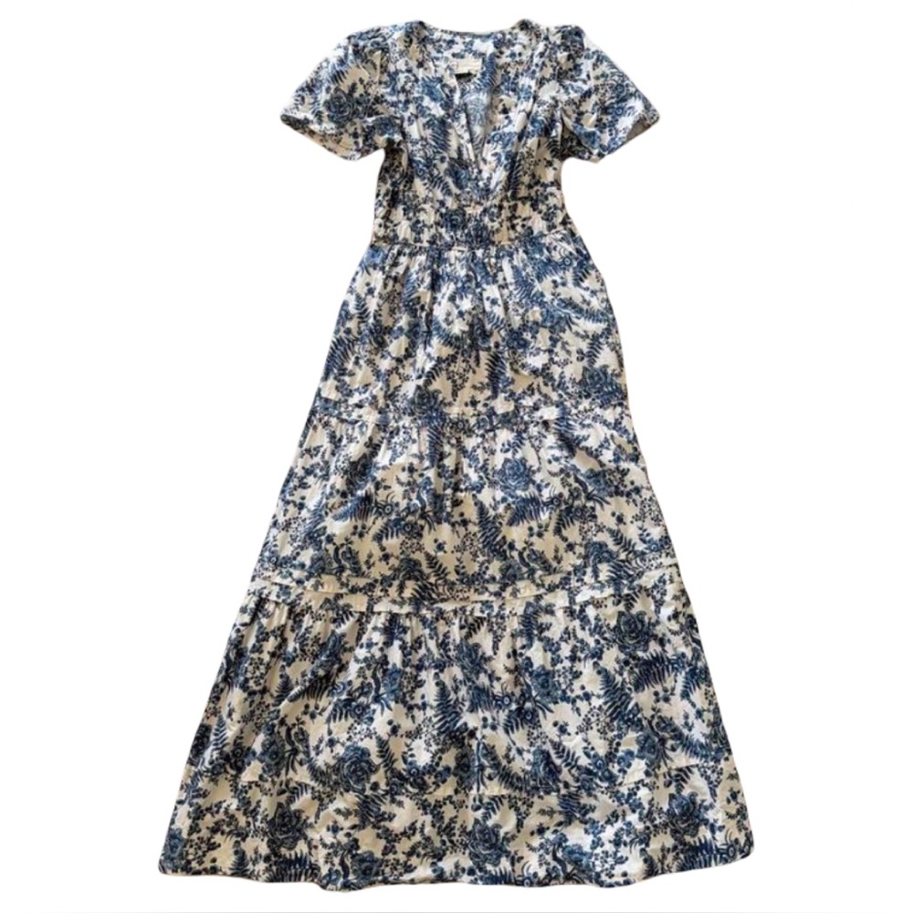 Anthropologie Somerset Maxi Ivory Blue Floral Tiered Cotton Summer Dress S - Picture 8 of 9